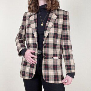 Vintage Linen Plaid Oversized Blazer Jacket Pea Coat Preppy Academia Old Money